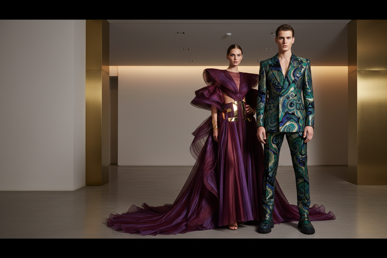 genera un immagine per una pagina iniziale di un negozio online di abbigliamento fashion e stravagante da uomo e donna